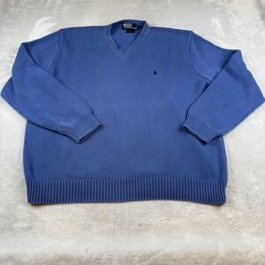 Polo Ralph Lauren Mens XXL V-Neck Cotton Knit Sweater Blue Pullover
